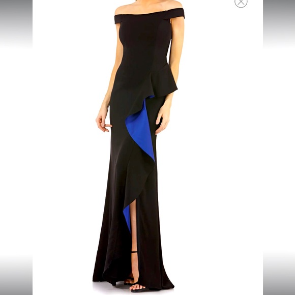 NWT Carmen Marc Valvo Infusion Formal Floor Length Contrast Ruffle Black Dress - Picture 1 of 11